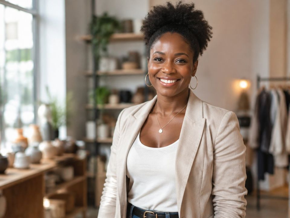A smiling small business owner in her shop, a Personhours client